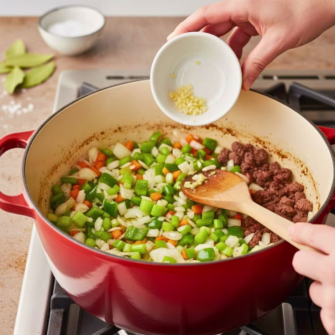 Onions, celery and bell pepper being sautéed