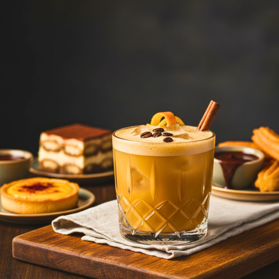 Carajillo served next to a dessert plate
