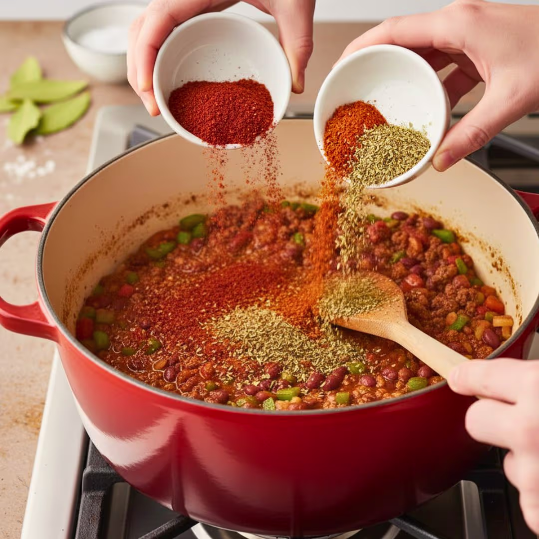 Chili powder, cumin and oregano measured out