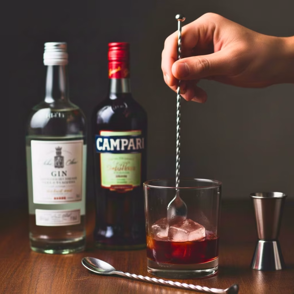 Stirring a Negroni in a mixing glass with a bar spoon