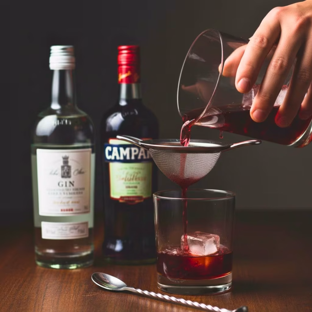 Straining a Negroni into a rocks glass with a large ice cube