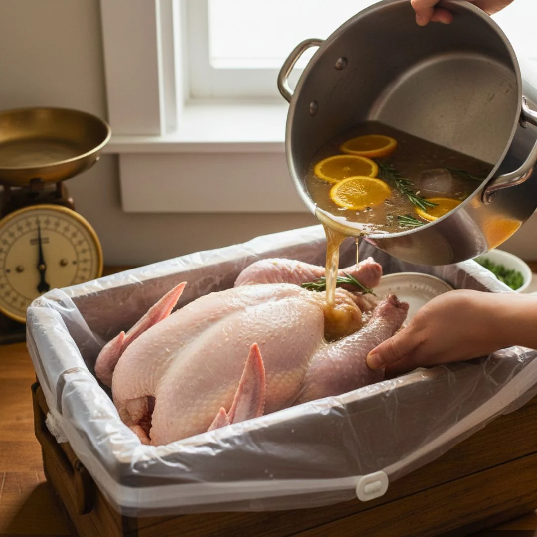 Turkey submerged in brine inside a food-safe bucket