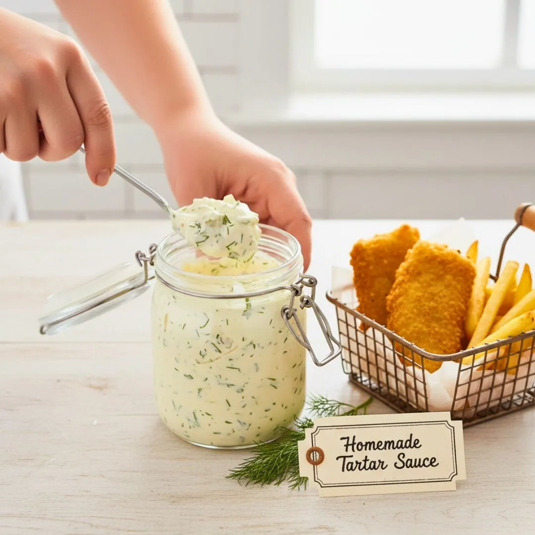 Jar of tartar sauce chilling in the refrigerator