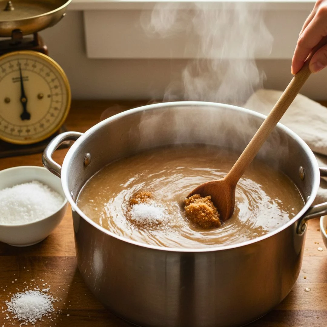 Warm brine base with salt dissolving in pot