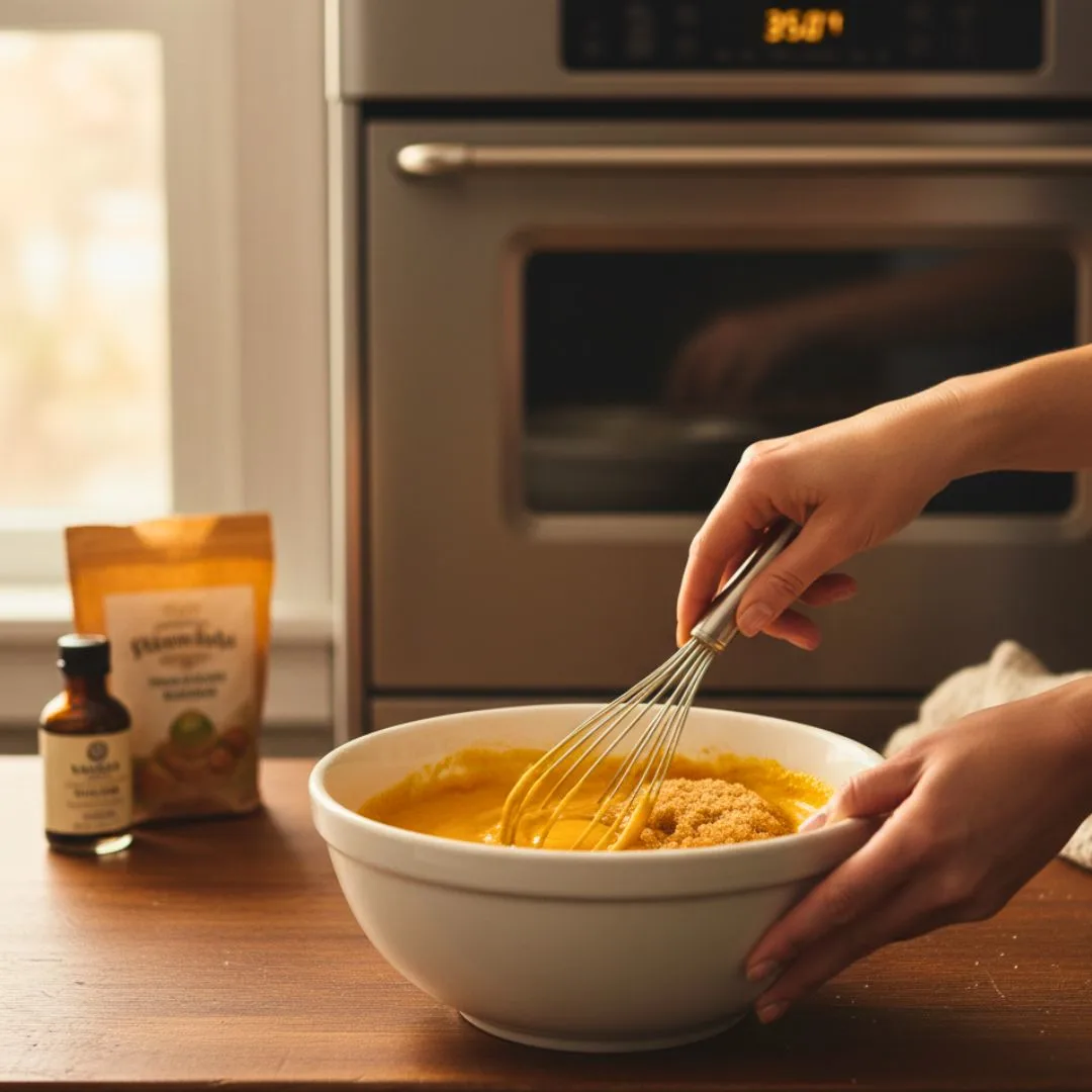 Mixing bowl with pumpkin puree, brown sugar, eggs for pumpkin loaf batter