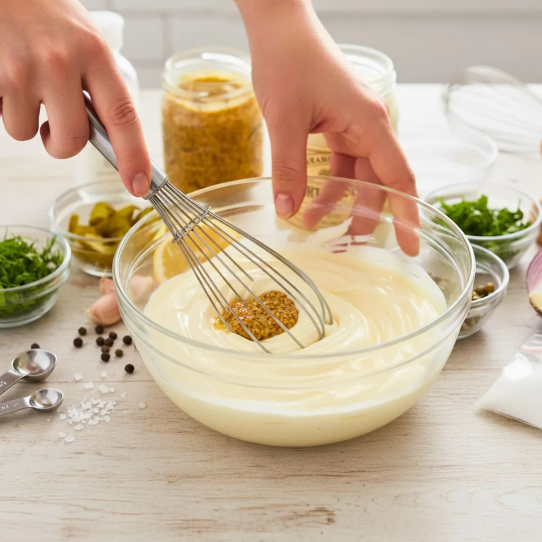 Whisking mayonnaise with lemon and mustard for tartar sauce