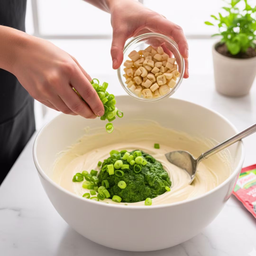 Adding water chestnuts and green onions to spinach dip