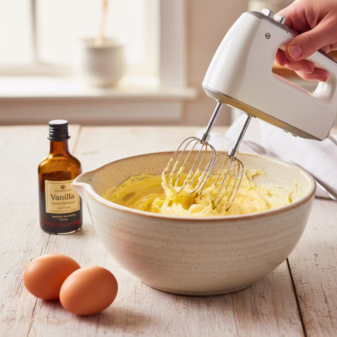 Creaming butter and brown sugar for sticky toffee pudding batter