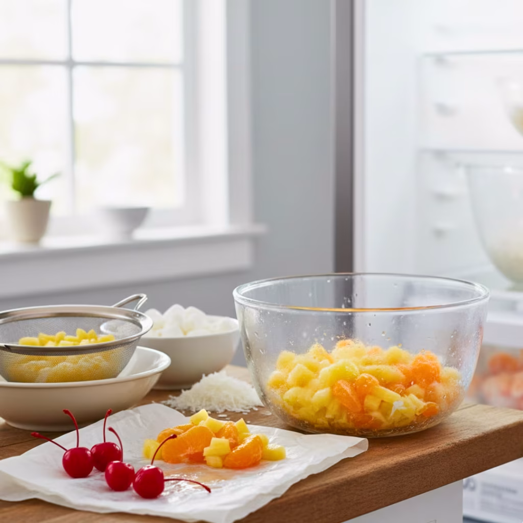 Ambrosia Salad Recipe (Classic, Creamy & Easy) — The Best No-Bake Fruit Dessert for Holidays, Potlucks & Summer Parties 12 Chill your bowl & prep ingredients