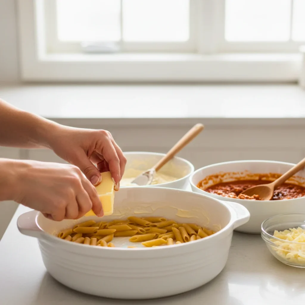 Layering pasta and sauce in a dish