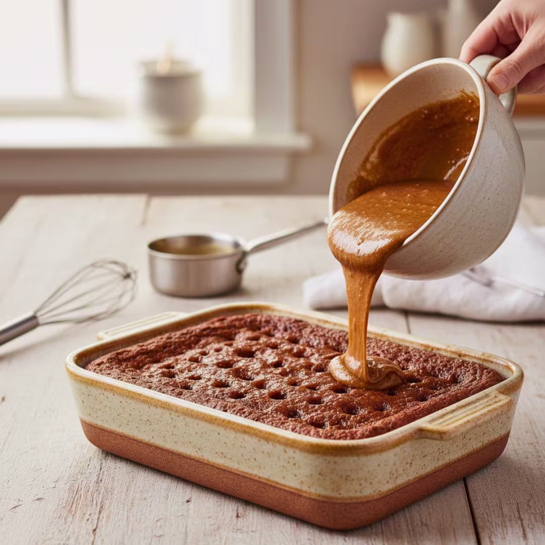 Warm toffee sauce being poured over sticky toffee pudding