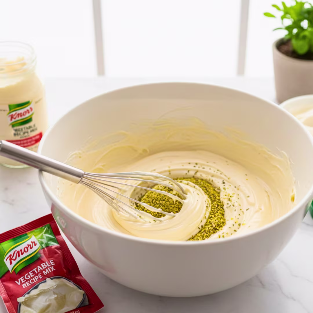 Mixing mayonnaise sour cream and Knorr vegetable recipe mix for spinach dip