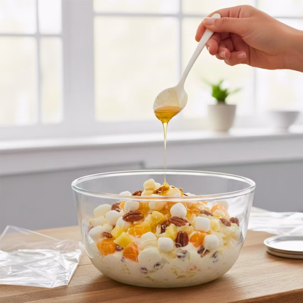 Ambrosia Salad Recipe (Classic, Creamy & Easy) — The Best No-Bake Fruit Dessert for Holidays, Potlucks & Summer Parties 16 Taste, adjust & chill