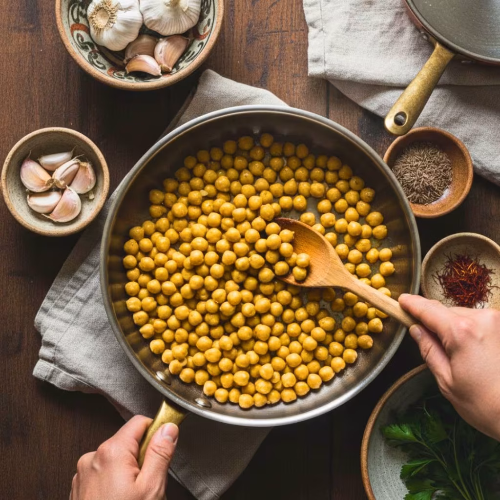 Adding cooked chickpeas to the spiced onion mixture in a pan