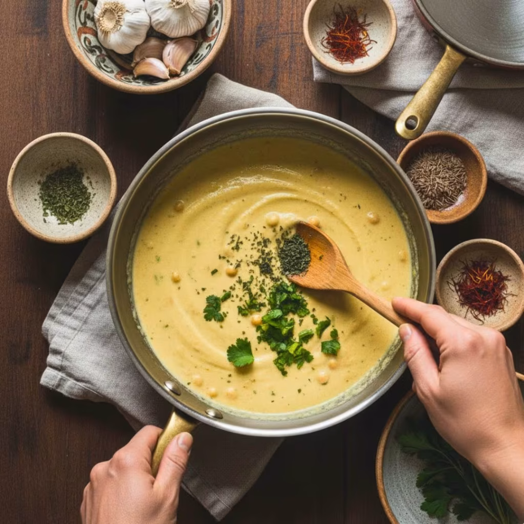Garnishing chickpea yogurt stew with dried mint and fresh herbs