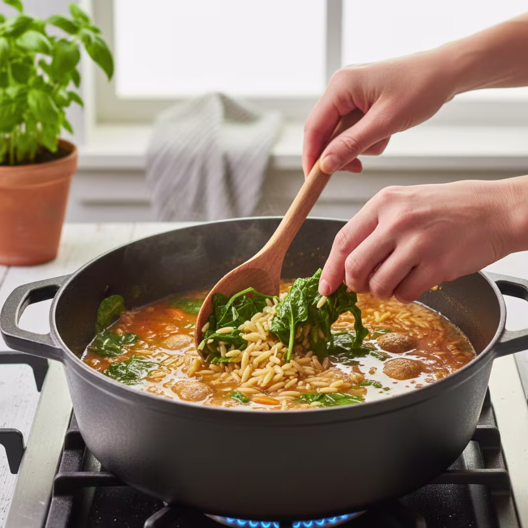 Adding pasta and spinach to Italian Wedding Soup for a complete meal