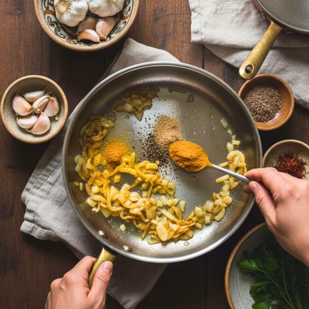 Adding turmeric and cumin to a pan with sautéed onions