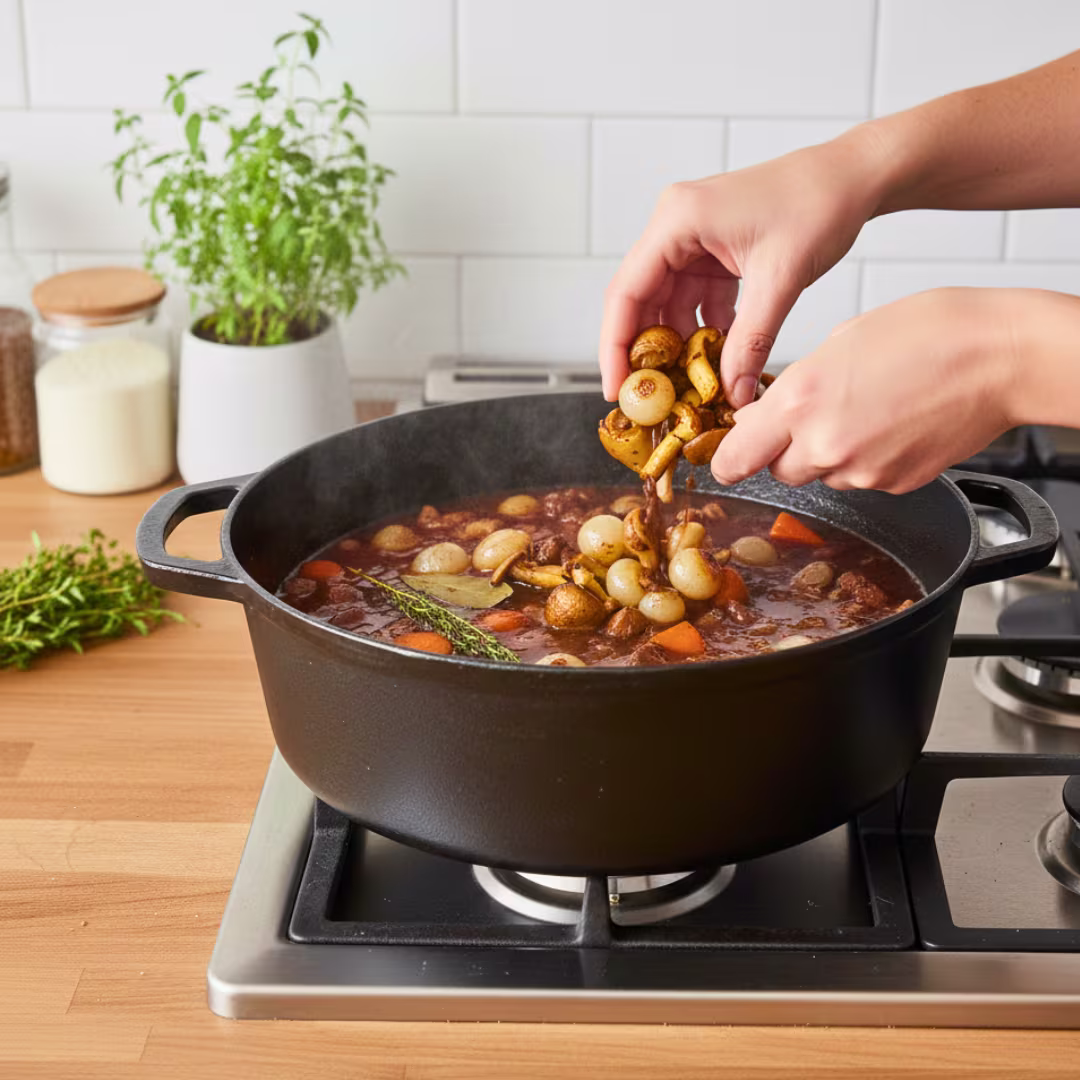 Adding mushrooms and pearl onions to Beef Bourguignon