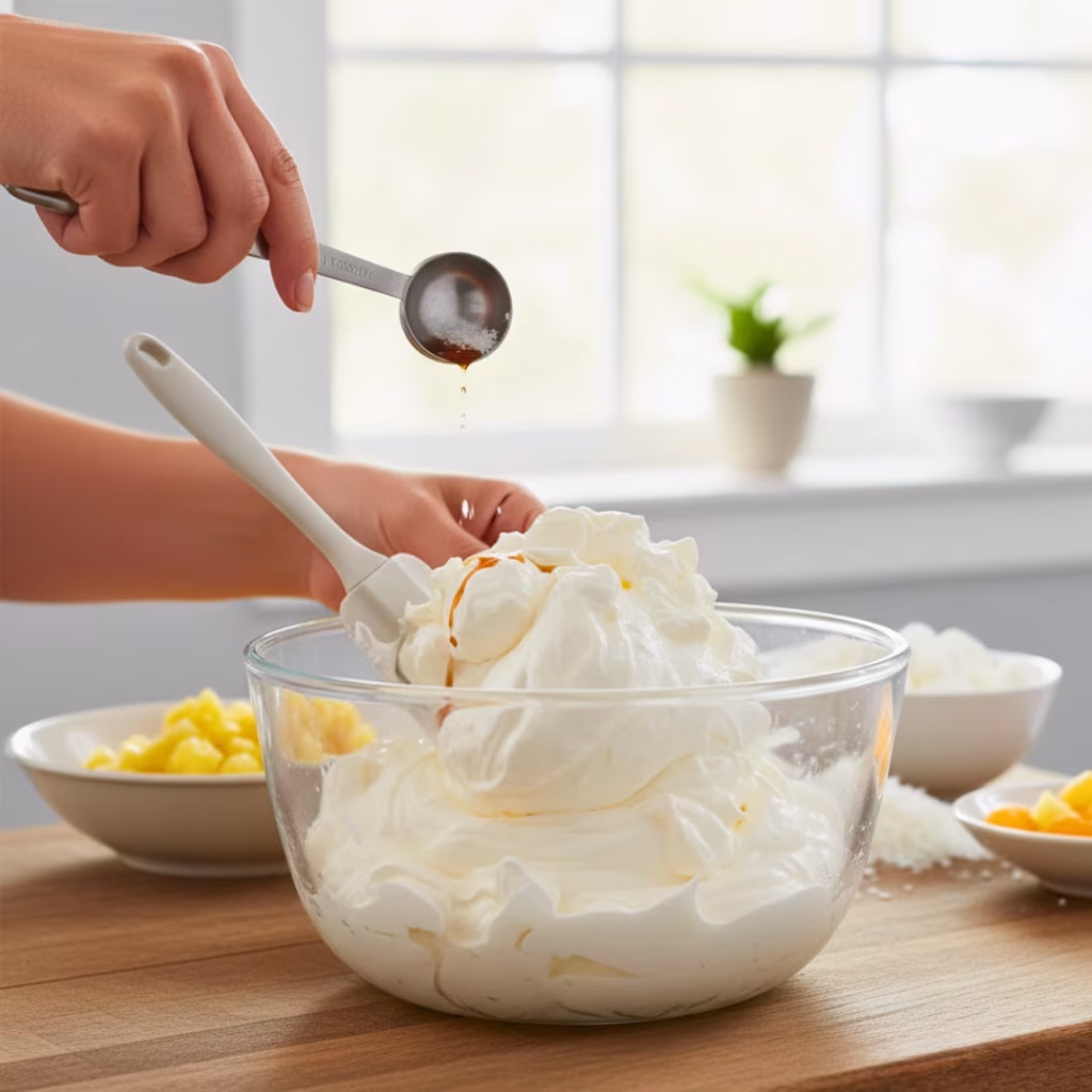 Ambrosia Salad Recipe (Classic, Creamy & Easy) — The Best No-Bake Fruit Dessert for Holidays, Potlucks & Summer Parties 13 Mixing creamy base for Ambrosia salad