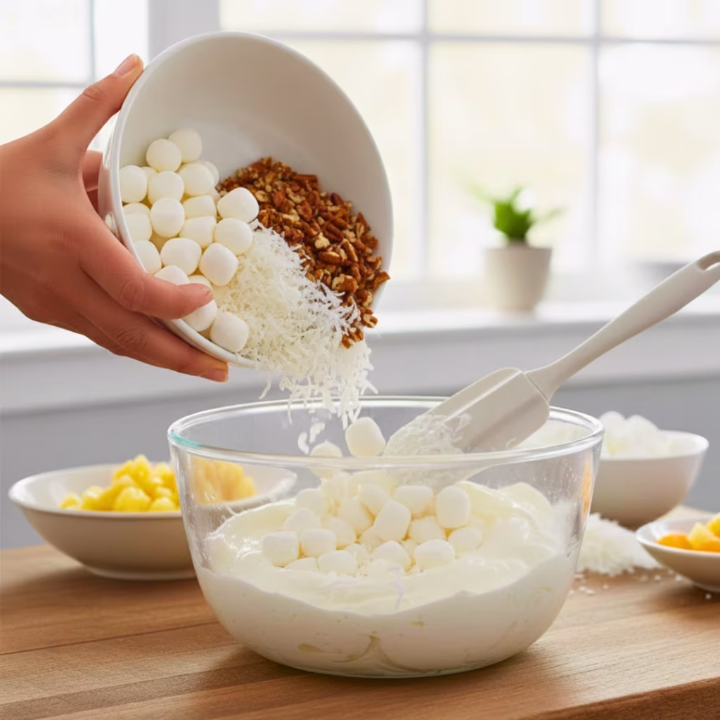 Ambrosia Salad Recipe (Classic, Creamy & Easy) — The Best No-Bake Fruit Dessert for Holidays, Potlucks & Summer Parties 15 Marshmallows and coconut for Ambrosia salad