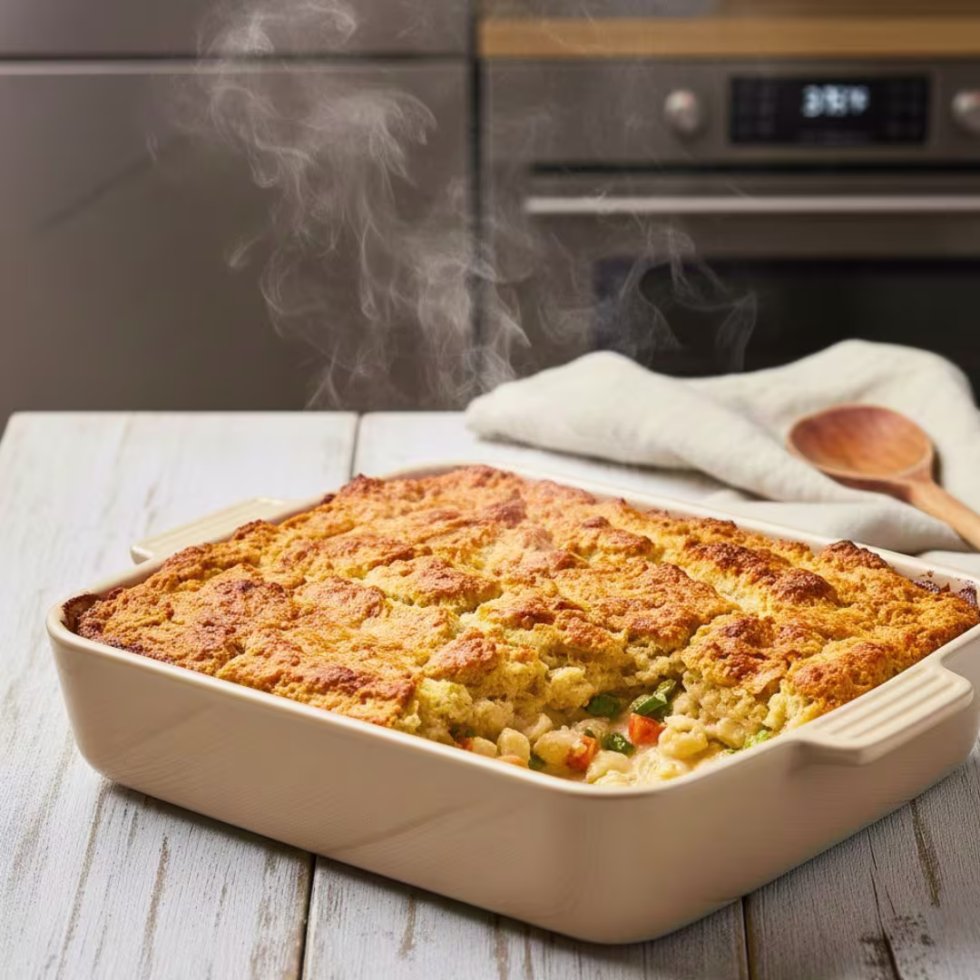 Golden baked chicken cobbler coming out of the oven with bubbly edges