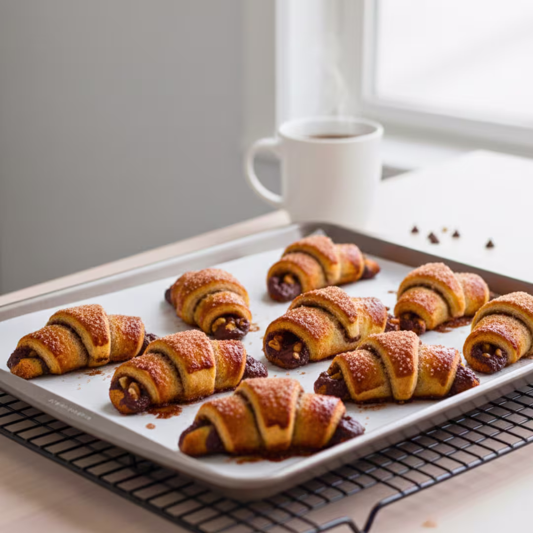 Plate of golden brown baked chocolate walnut rugelach ready to serve