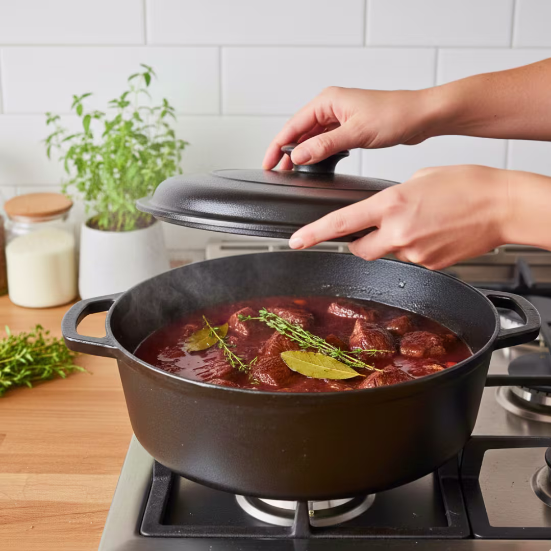 Slow cooking Beef Bourguignon in Dutch oven