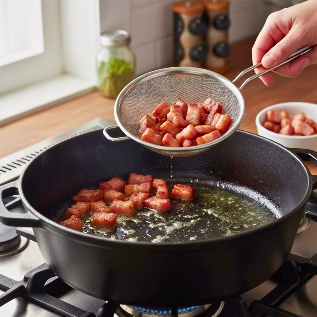Cooking bacon lardons for Beef Bourguignon base