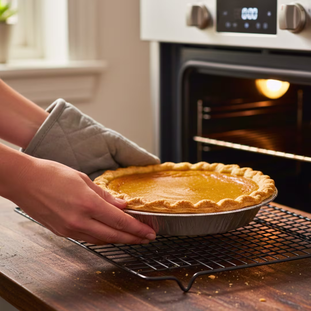 Cooling pumpkin pie on wire rack before slicing