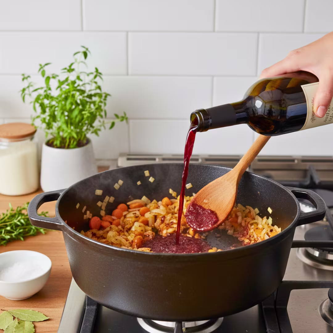 Deglazing pot with red wine for Beef Bourguignon