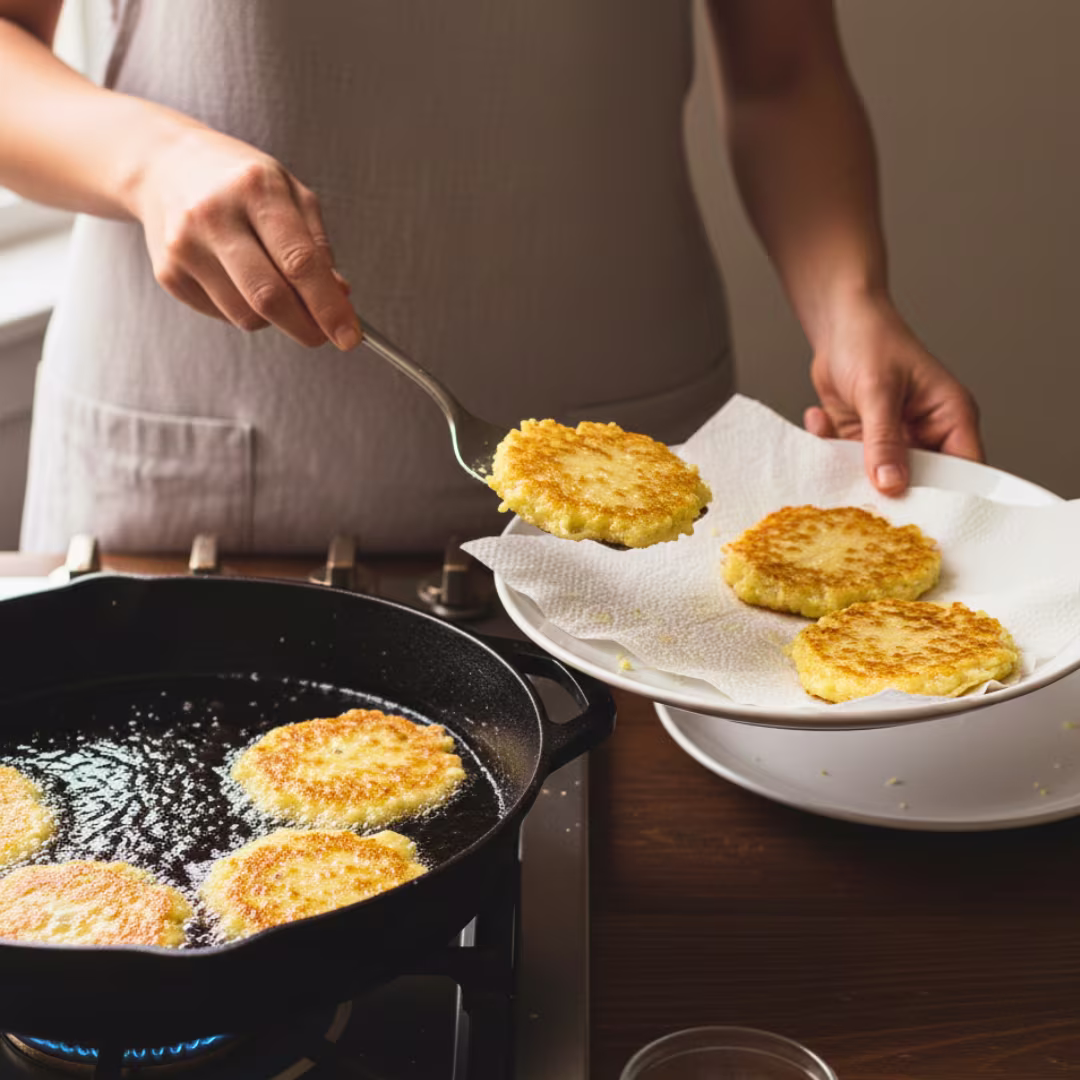 Draining and serving crispy potato latkes