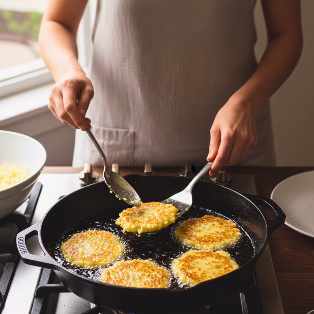 Frying latkes in skillet with oil