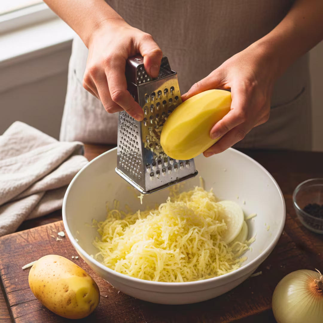 Grating potatoes and onion for latke recipe