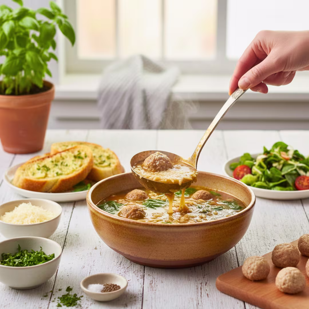 Serving Italian Wedding Soup with parmesan and crusty bread