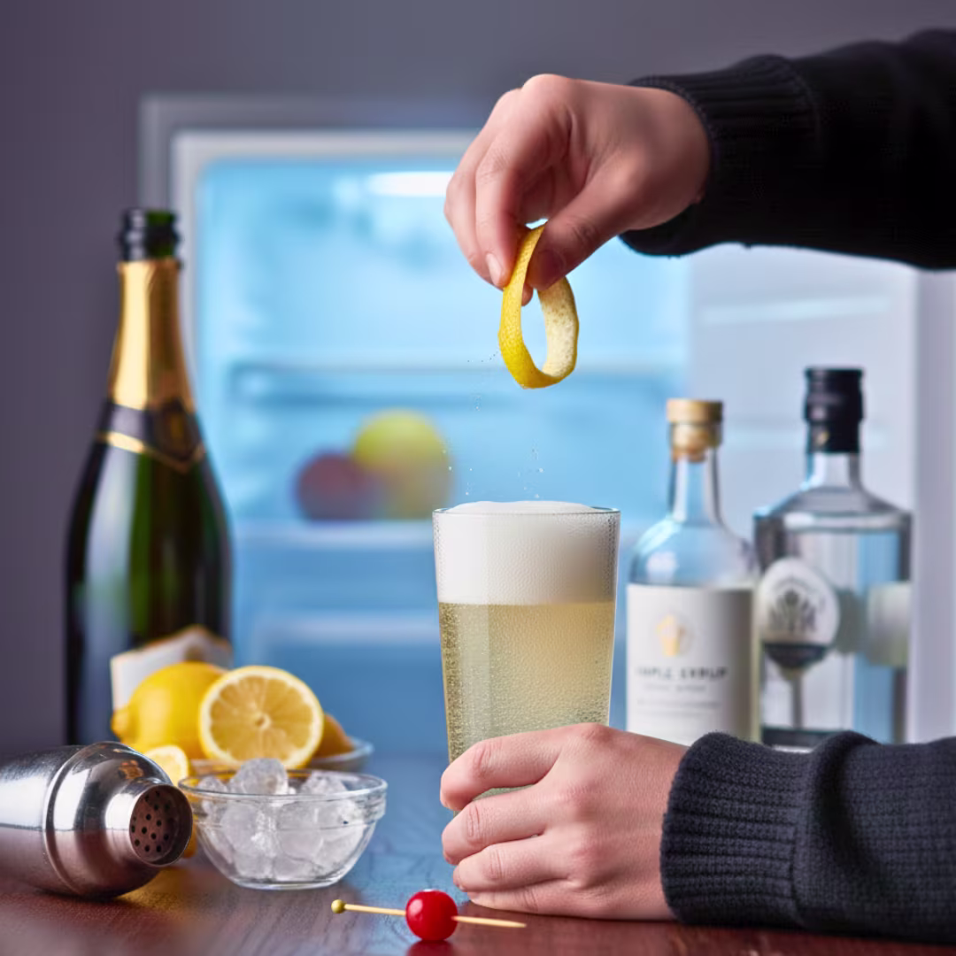 French 75 cocktail garnished with lemon twist