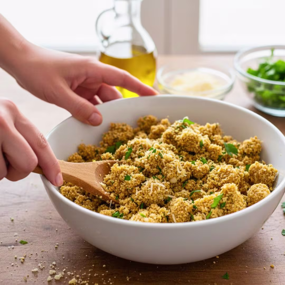 Mixing breadcrumb, parmesan, garlic, and herbs for braciole filling