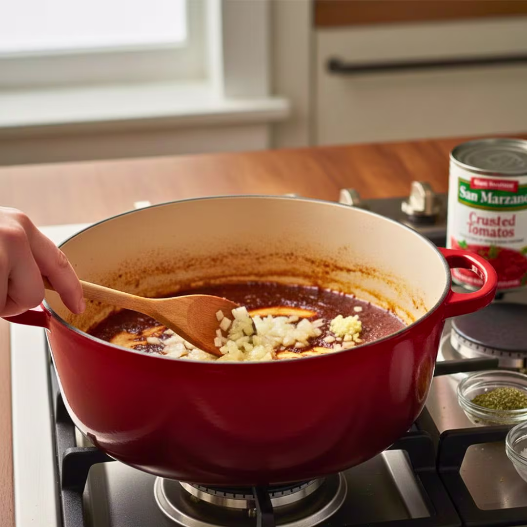 Cooking onion and garlic in a pot to start marinara sauce for braciole