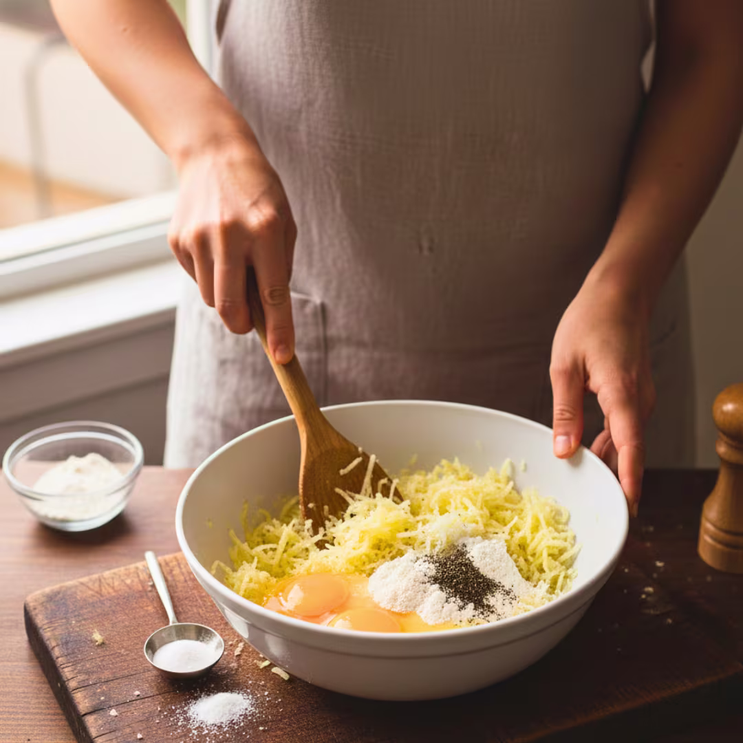 Mixing latke batter with eggs and flour