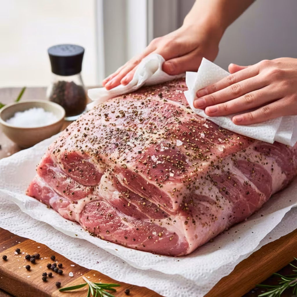 Pork shoulder seasoned and ready to sear