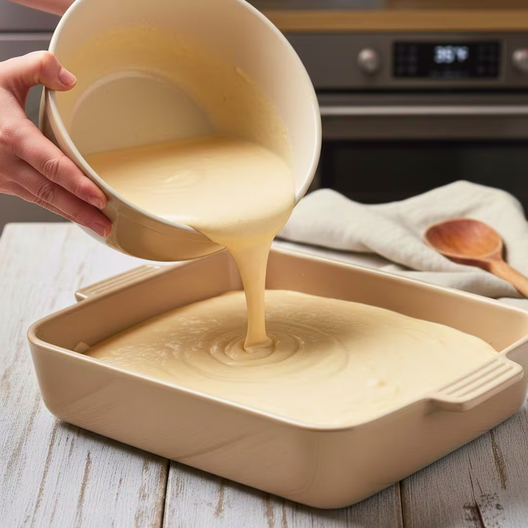 Pouring biscuit batter over creamy chicken mixture for easy chicken cobbler