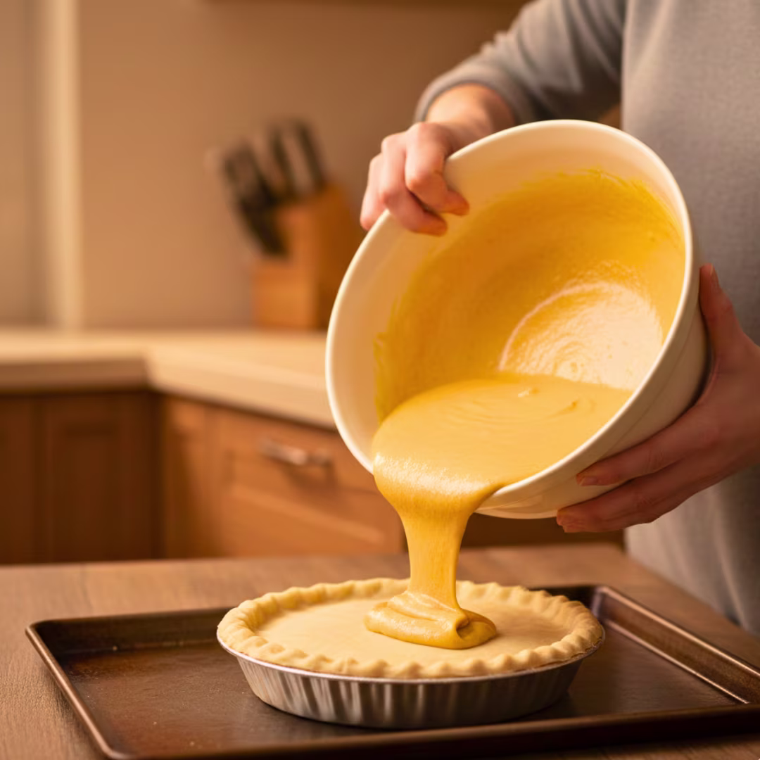 Pouring pumpkin pie filling into pie crust