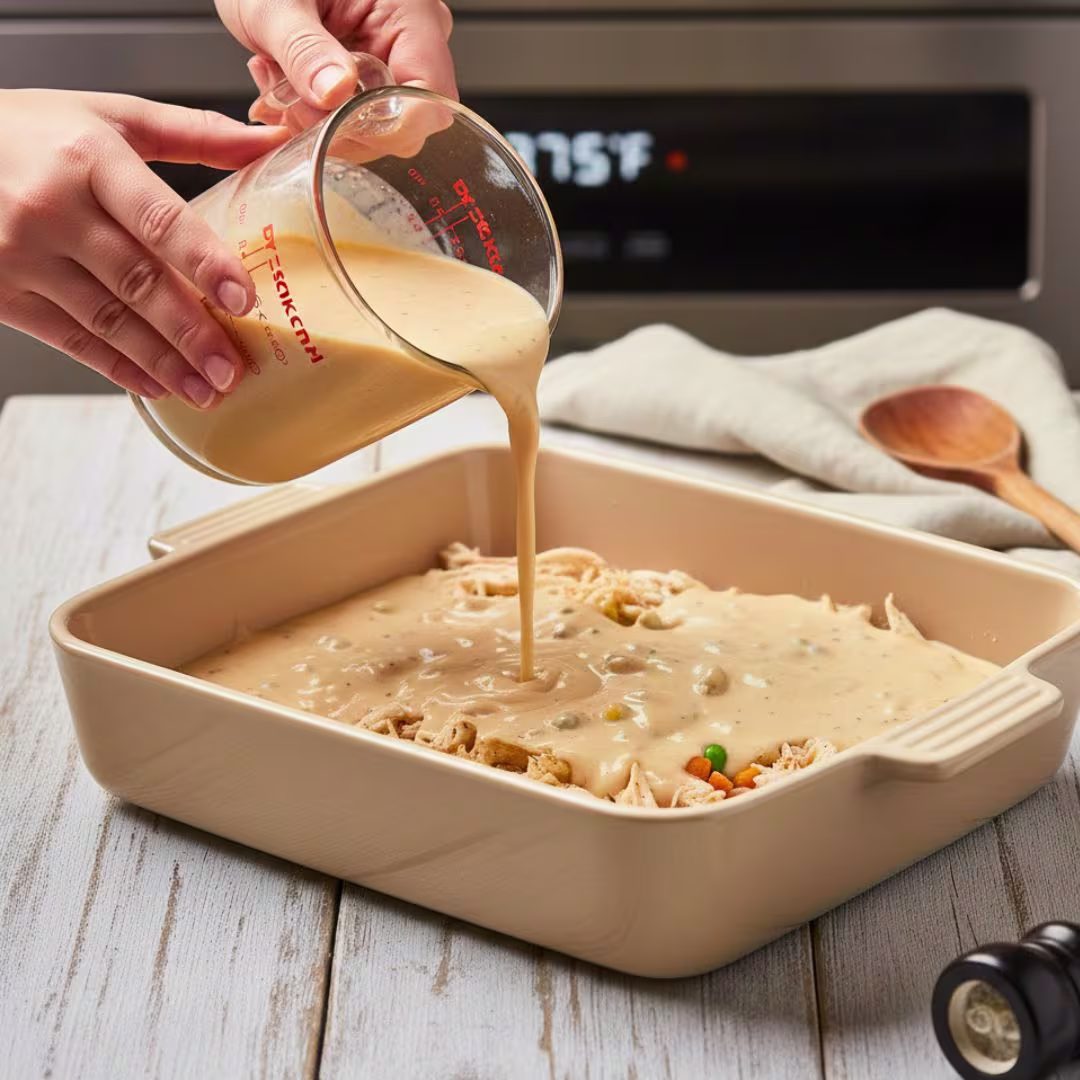 Pouring creamy chicken gravy mixture over chicken and vegetables without stirring