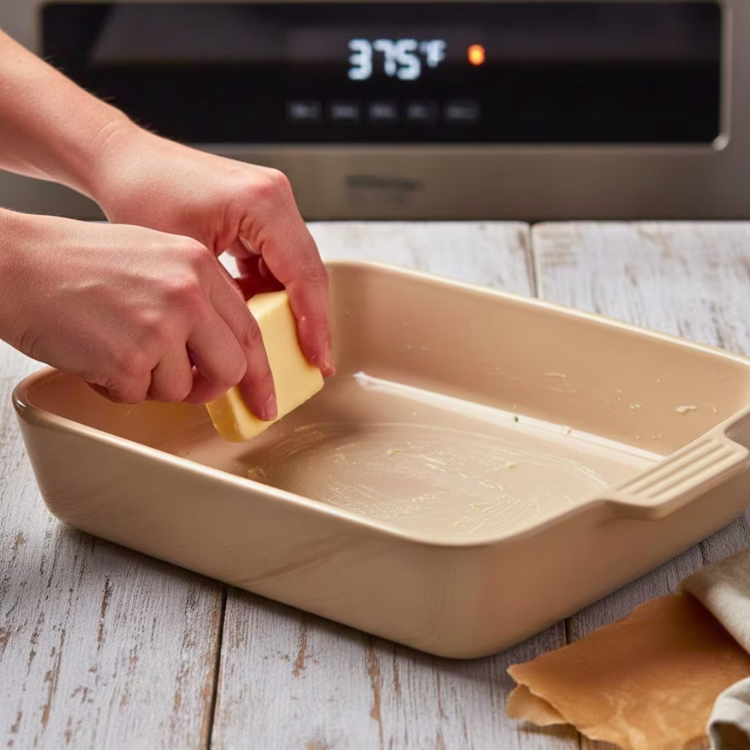 Preheating the oven and greasing a 9x13 pan for chicken cobbler recipe