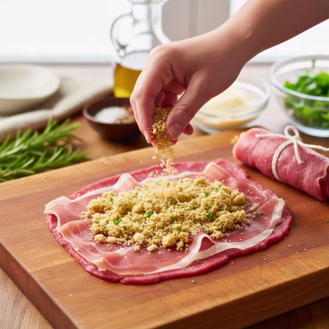 Rolling stuffed beef braciole with prosciutto and tying with kitchen twine