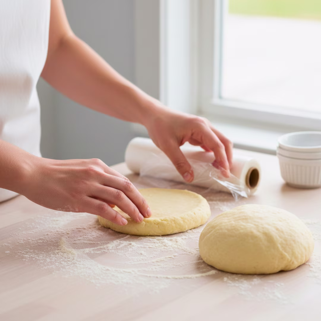 Rugelach dough divided into four discs and wrapped for chilling