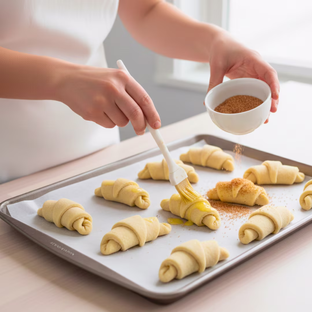 Rugelach cookies being brushed with egg wash and sprinkled with cinnamon sugar