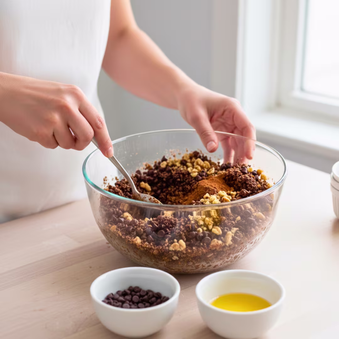 Bowl of chocolate chips, chopped walnuts and cinnamon sugar for rugelach filling