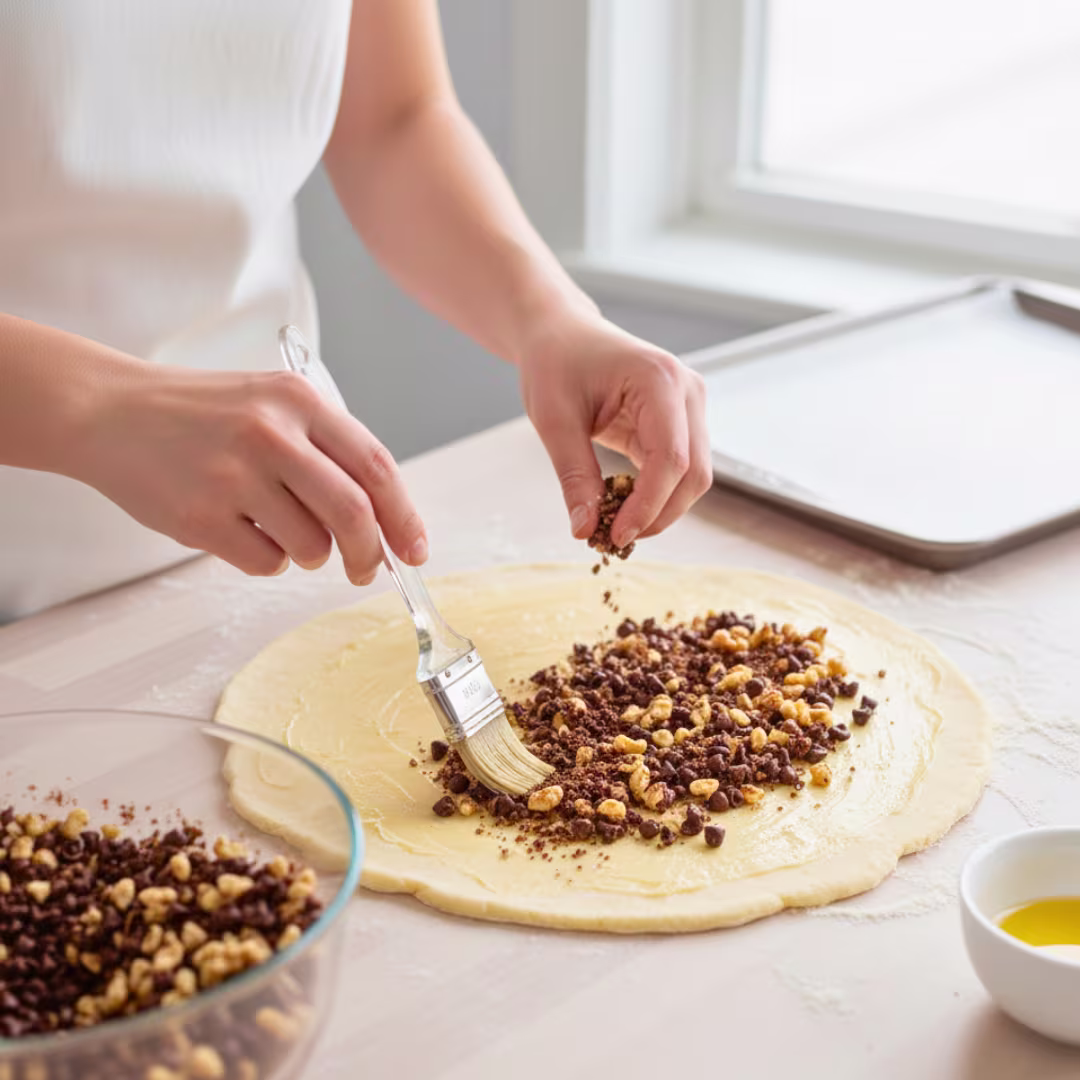 Rolled rugelach dough circle topped with chocolate walnut filling