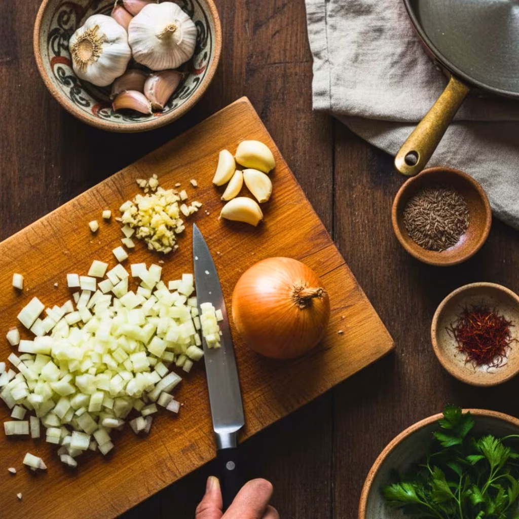 Chopping onion and preparing garlic for Persian chickpea yogurt stew