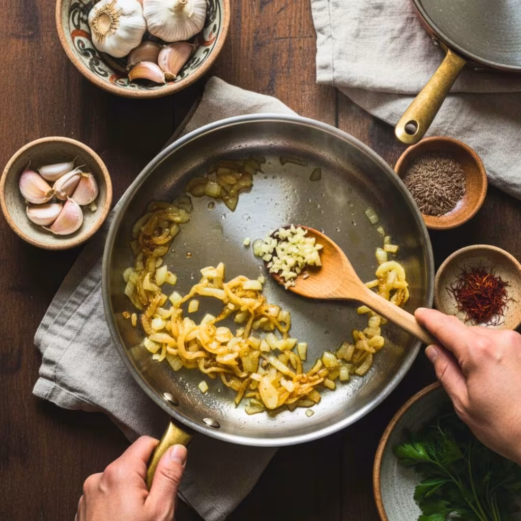 Onion and garlic sautéing in olive oil in a pan